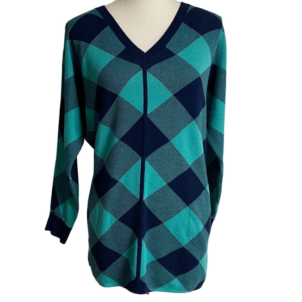 Lands' End Navy Teal V Neck Argyle Dolman Tunic Sweater Women's Small